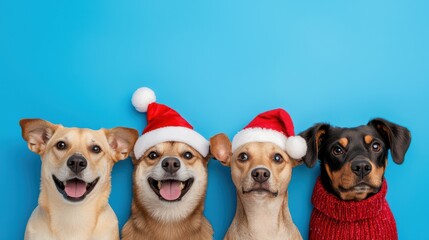 Festive dogs in christmas hats against a blue backdrop