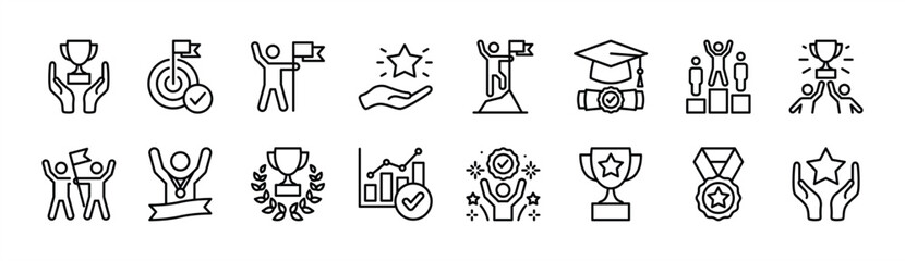 Success thin line icon set. Contains ​winner, achievement, successful, target, goal, award trophy, teamwork, competition, victory, growth graph, graduation, medal, champion, reward vector illustration
