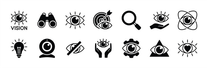 Eye vision icon vector set. Containing telescope, magnifier, search, eyesight, webcam, cctv camera, binocular, no, light bulb, core value, accuracy target, visible, invisible, blind, find setting © Vilogsign