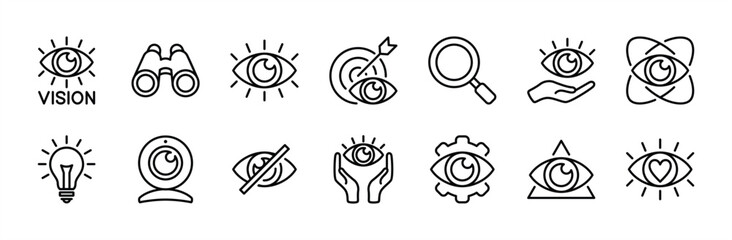 Eye vision thin line icon set. Containing telescope, magnifier, search, eyesight, webcam, cctv camera, binocular, no, light bulb, core value, accuracy target, visible, invisible, blind, find setting