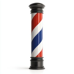 Barber pole sign displaying classic red white and blue colors in urban environment