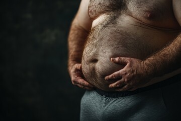 Naklejka premium Overweight man holding his large belly, concept of obesity and unhealthy lifestyle