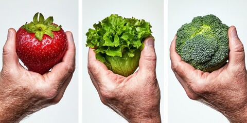 Healthy red strawberry and green broccoli held in hands symbolizing food based nutrition for immune support and natural lifestyle balance in clean eating wellness concept