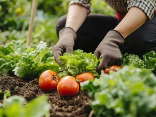Fototapeta premium Harvesting Ripe Tomatoes and Lettuce in a Garden