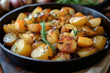 Delicious roasted potatoes seasoned with rosemary and onions, cooking in a cast iron skillet