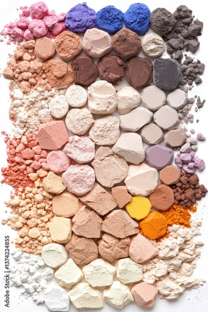 Poster multicolored pharmaceutical capsules and tablets sorted vertically by shade forming gradient stack o