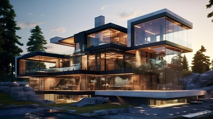 Obraz premium A photo of a contemporary triple-story glass mansion.