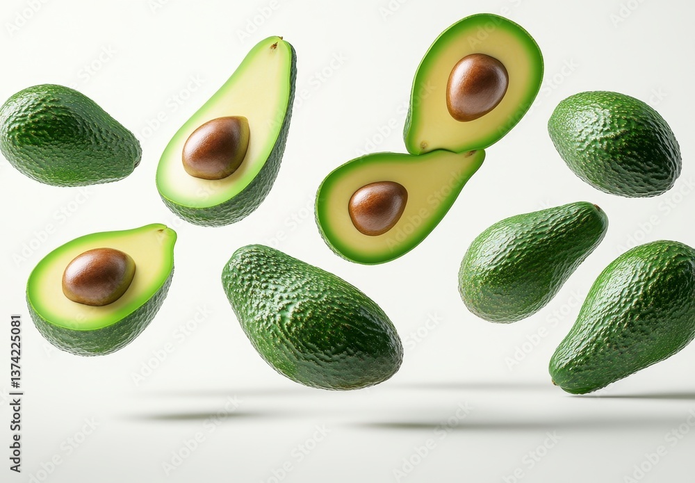 Poster floating avocado halves and whole fruits against a white backdrop with bright studio lighting creati
