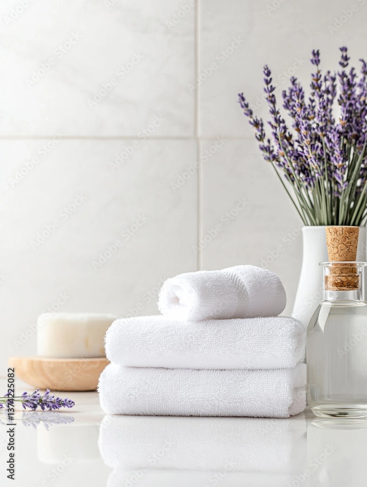 Poster stack of white towels on a white countertop. the towels are neatly folded and stacked on top of each