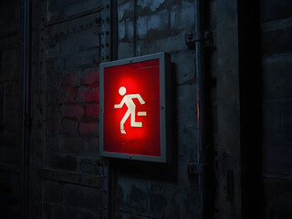 Emergency Exit Illuminated: A glowing red exit sign illuminates a rugged brick wall, guiding the way to safety in a potentially dangerous situation. 