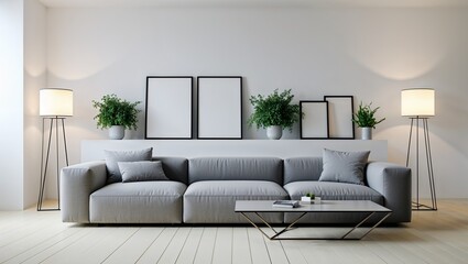 Mockup dark blue wall in kitchen and minimalist interior design
