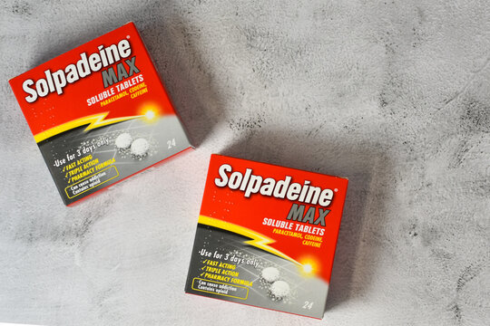 Solpadeine Max painkillers, over the counter addictive pain relief tablets with codeine and paracetamol, empty packets 