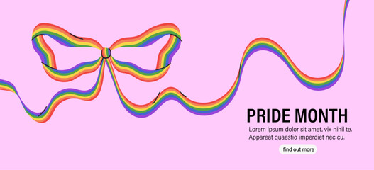 Bow with ribbons in lgbt rainbow colors on pik background. Pride month celebration against violence, descrimination, human rights violation. Equality and self-affirmarmation poster placard or banner.