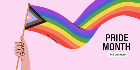 Hand hold rainbow lgbt flag and celebrate pride month, week or day vector flat illustration. LGBTQ support social media banner or post template, greeting card or party invitation on pink background.