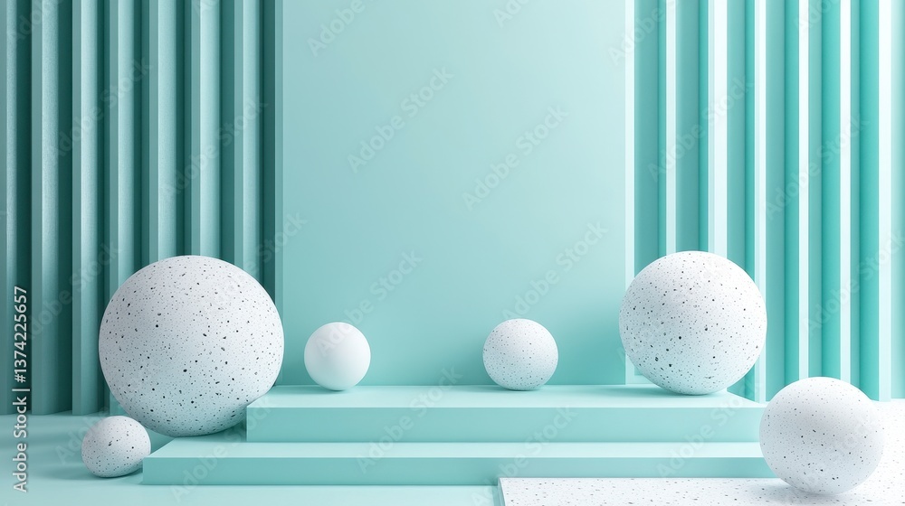 Aufkleber abstract mint green background with geometric shapes and spheres in a 3d rendering with pastel color