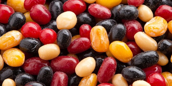 High resolution macro image of glossy multicolored jelly beans arranged in bulk pile creating candy texture surface for confectionery concept and food pattern marketing visual