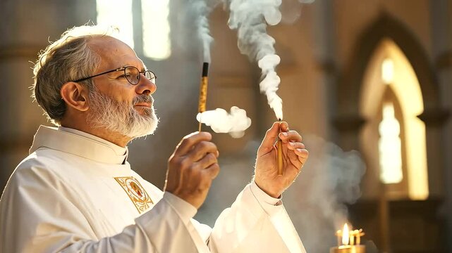Priest Swinging Incense During Mass Ceremony in Catholic Church