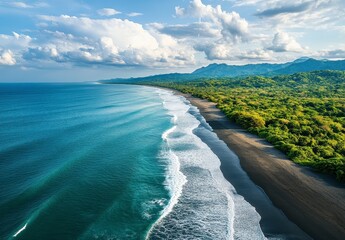 Aerial View of Dark Sand Beach Meeting Turquoise Ocean Beside Lush Green Forest on Coastline Under Cloudy Sky in Guanacaste