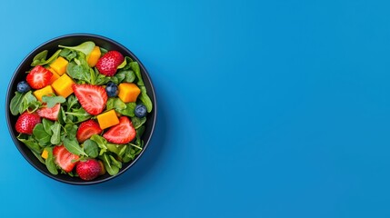 Colorful fresh salad with fruits and greens on blue