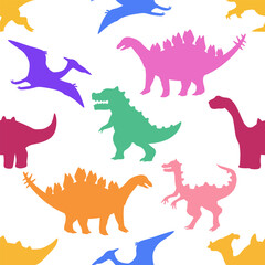 Dinosaurs colorful silhouettes vector cartoon seamless pattern on a white background.