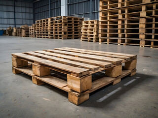 Wooden Pallets in a Warehouse: Stacked wooden pallets in an industrial warehouse, showcasing the infrastructure of the storage and shipping industry.