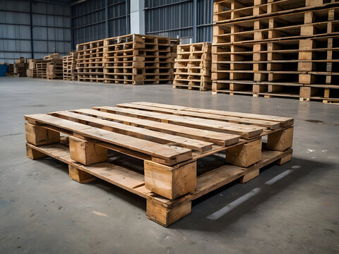 Wooden Pallets in a Warehouse: Stacked wooden pallets in an industrial warehouse, showcasing the infrastructure of the storage and shipping industry.