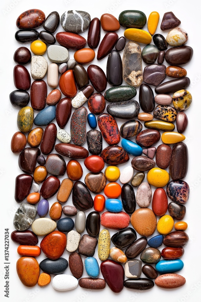 Poster vertical tower stack of different medicine capsules and tablets in gradient color order on white bac