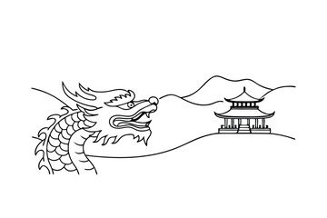 Serene Asian Landscape Dragon, Pagoda, Mountains, Line Art
