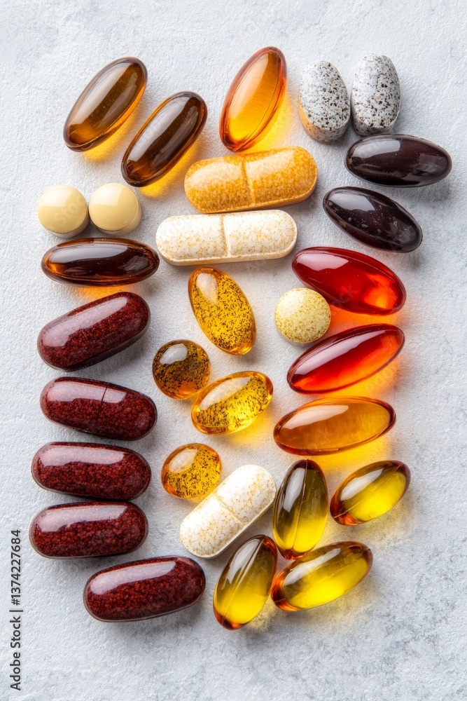 Poster pile of various supplement capsules arranged in vertical sequence on white background illustrating n