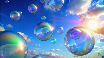 Floating soap bubbles in bright blue sky