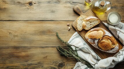 Rustic Wooden Table with Freshly Baked Bread 