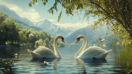 Fototapeta premium swans in the lake with snow mountain view