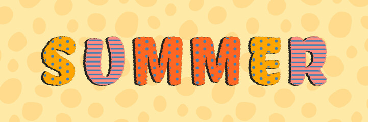 Bold, vibrant SUMMER text with retro pattern on yellow background with abstract shapes, evoking fun and nostalgic summer vibe. Banner, poster for summer sales, events. Vector art.