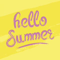 Vibrant Hello Summer lettering in bold brush lettering on bright yellow background, evoking warm and sunny vibes. Perfect for seasonal promotions and summer-themed designs. Vector art