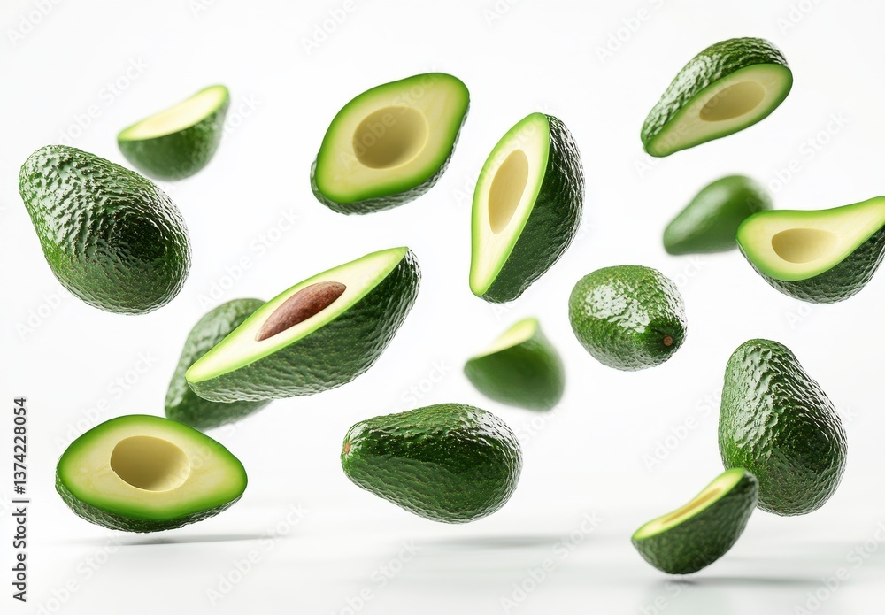 Poster floating green avocado slices with white background in studio lighting displaying freshness and heal