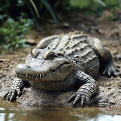 Fototapeta premium Detailed close-up of a realistic alligator statue resting near water.