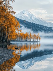   Tranquil Autumn Lake Beneath Snowy Peaks