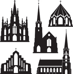 SET OF BLACK VECTOR VARIOUS CHRUCH SILHOUETTES, 	
