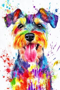 Colorful miniature schnauzer dog portrait with rainbow colors and paint splatters
