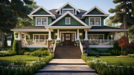 A photo of a double-story home with green accents.
