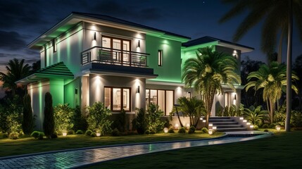 A photo of a double-story home with green accents.
