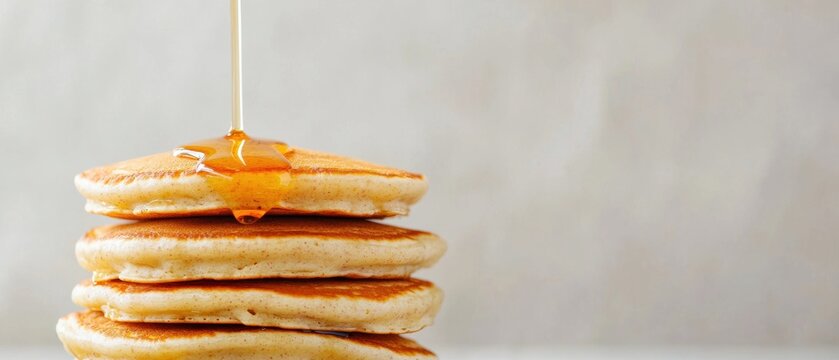 Stack of four pancakes with syrup being drizzled over them. the pancakes are golden brown and appear to be freshly made.