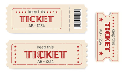 set of worn retro tickets for cinema, theater, event