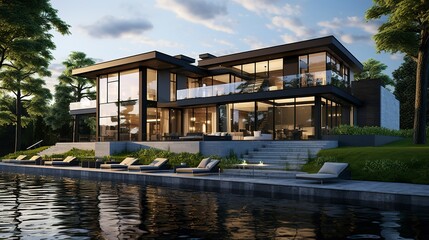 A photo of a double-story lakefront modern villa.