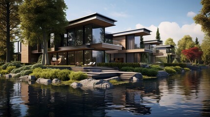 A photo of a double-story lakefront modern villa.