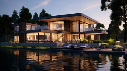 A photo of a double-story lakefront modern villa. ,