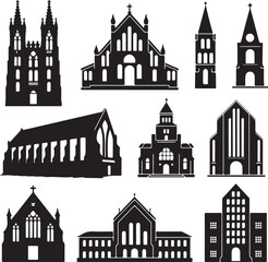 Fototapeta premium SET OF BLACK VECTOR VARIOUS CHRUCH SILHOUETTES, 