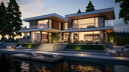 A photo of a double-story lakefront modern villa. ,