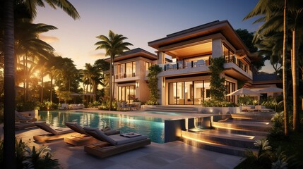 A photo of a double-story luxury resort-style home. ,