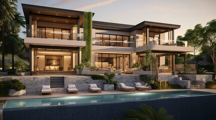 A photo of a double-story luxury resort-style home. ,